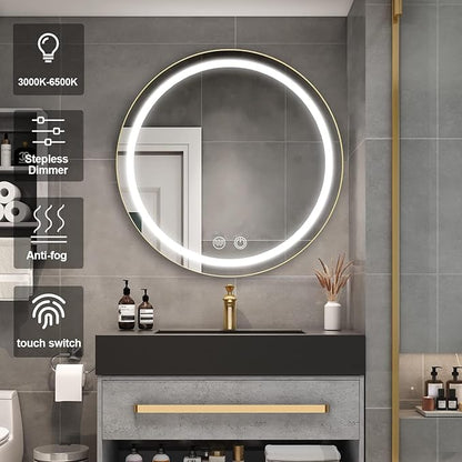 28inch Round Medicine Cabinet with Lights,Led Medicine Cabinet with Defogger,Illuminated Mirror Cabinet for Bathroom,Dimmable,Anti-Fog,3 Colors,Surface Mount Only