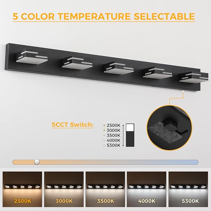 5-Light 5CCT Modern Bathroom Vanity Light Fixtures, 40-Inch 350° Rotatable LED Vanity Lights Over Mirror, Dimmable Matte Black Metal Wall Sconce 2700K-6000K Selectable