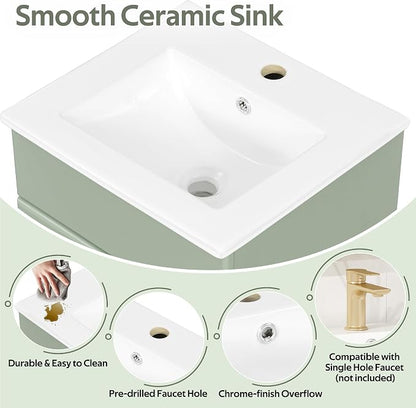 Christopher Knight Home Doreen 18" Bathroom Vanity with Ceramic Sink, Bathroom Vanity Cabinet with Adjustable Shelf, Wooden Bathroom Storage Cabinet, Pedestal Sink with Storage, Mint Green