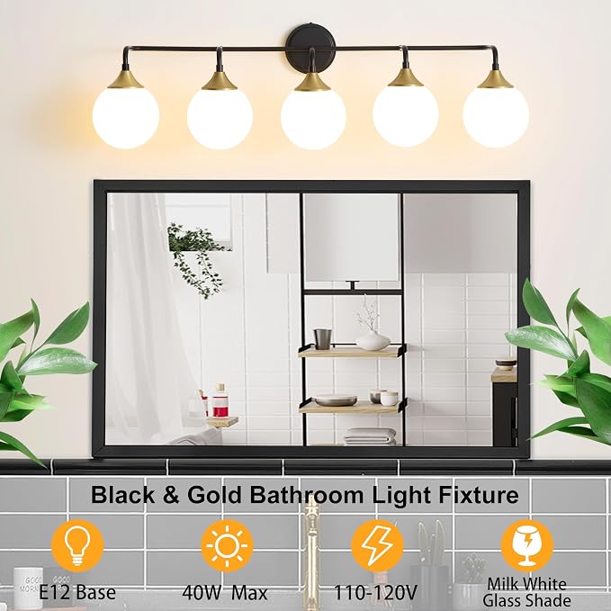 Black Gold Bathroom Light Fixtures Over Mirror Vanity 5-Light | Mid Century Modern Matte Black Gold Wall Sconce with Milky White Glass Ball Shades for for Bathroom Dressing Table Bedroom