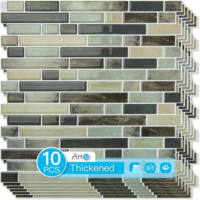 Art3d Linear Design Tile Peel and Stick Backsplash, 10-Sheet, Dark Brown | 12 x 12 Inch, Enhanced Thickness, Warp Resistant, Strong Adhesion, Sturdy, for Kitchen, Bedroom, Ideal for Home Improvement