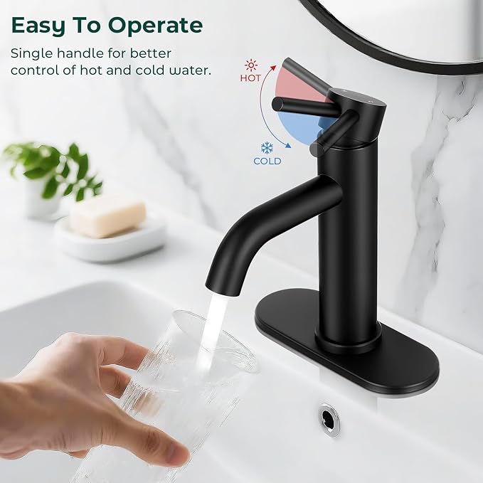 Matte Black Bathroom Faucets, Modern Bathroom Sink Faucet Single Handle Bathroom Faucet for 1 or 3 Hole, Mixer Tap Vanity Faucet with Deck Plate, Pop-up Drain and Supply Hoses