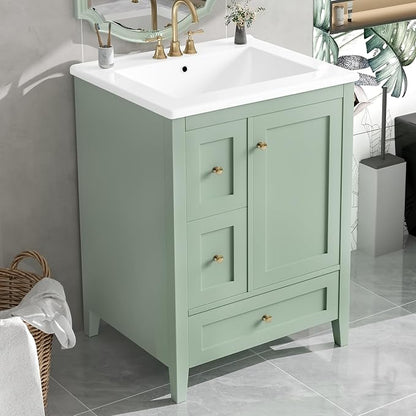 24" Bathroom Vanity with Ceramic Sink,Undermount Single Basin Bath Vanity Set w/3 Drawers and Adjustable Shelf,Modern Freestanding Storage Cabinet,MDF & Rubberwood,Green