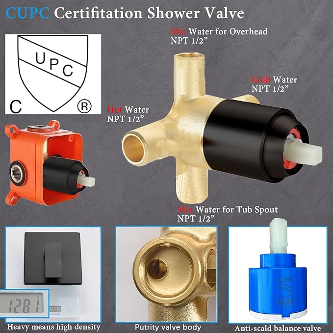 Shower Faucet Set with Tub Spout Matte Black 10 Inch Rainfall Shower with 4 Setting Spray Mixer Shower System Modern Luxury Wall Mounted Tub Shower Faucet Set Rough-in Valve Body (Matte Black)