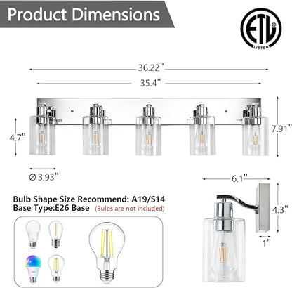 5 Lights Bathroom Light Fixtures Chrome Vanity Light with Clear Glass Shade 36in Modern Bathroom Lighting Fixtures Over Mirror for Bedroom/Living Room