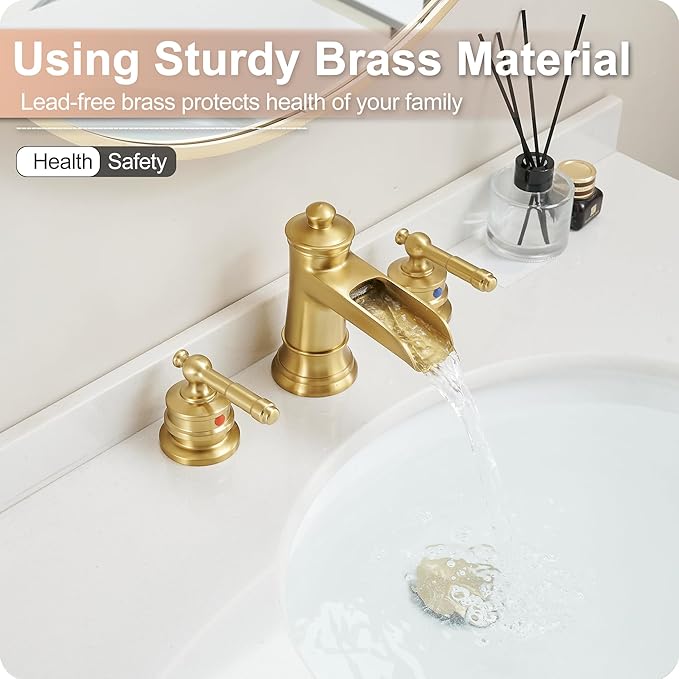 Gold Bathroom Faucet Waterfall, Brass 4-16 Inch Bathroom Faucets 3 Hole, Widespread 2 Handles with Pre-installed Water Hose & Pop-Up Drain for Vintage Vanity Washroom, 10 Mins Quick Installation