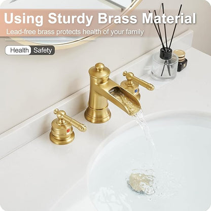 Gold Bathroom Faucet Waterfall, Brass 4-16 Inch Bathroom Faucets 3 Hole, Widespread 2 Handles with Pre-installed Water Hose & Pop-Up Drain for Vintage Vanity Washroom, 10 Mins Quick Installation