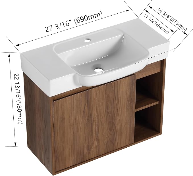 28" Bathroom Vanity with Sink, Wall-Mounted Cabinet, Brown Ebony | Ceramic Sink, Soft-Close Door & 2 Open Storage Shelves, Modern Farmhouse Sink Cabinet, Easy to Clean for Small Bathroom