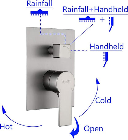 SHAMANDA Bathroom Rain Shower System, 12 Inch Luxuly Shower Head and Handheld Shower Faucet Combo Set Brushed Nickel(Including Rough-In Valve Body and Trim), Wall Mount, L7001-2