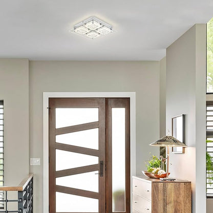 Hallway Light Fixture Crystal Flush Mount Ceiling Lights LED Square Bathroom Ceiling Light Dimmable 14 Inch 4000K Kitchen Ceiling Lighting Foyer Chrome Living Room Light