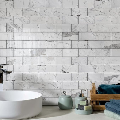 Vamos Tile 100-Piece Glossy Statury White Peel and Stick Backsplash Tile,3''x6'' PVC Subway Tile with Dark Gray Grout, Stick on Backsplash for Kitchen/Bathroom/Fireplace
