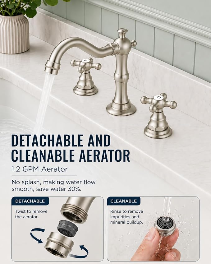 gotonovo Bathroom Faucet 3 Hole Vintage, Brushed Nickel, H C Label | Widespread Bathroom Sink Faucet 8 Inch 2 Cross Handles,Pop Up Drain,cUPC Supply Line,4-15.7” Install,for Vanity Farmhouse RV