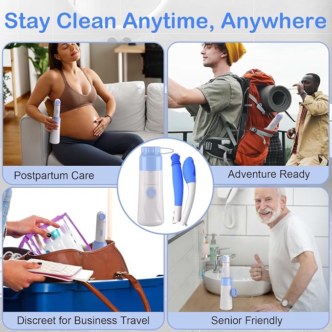 Portable Bidet Toilet Aids Wiper Tool Set for Travel 350ML Bottle | 450mAh Battery | IPX7 Waterproof |Compact & High-Powered with 2 Pressure Modes for Wiping and Personal Hygiene (Blue)