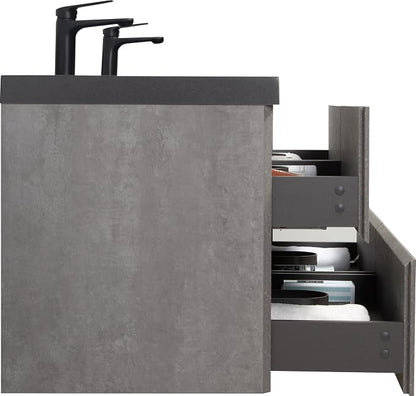 72" Floating Bathroom Vanity with Double Sink, Modern Wall-Mounted Bathroom Storage Vanity Cabinet with Two Black Quartz Sand Top Basins and Four Soft Close Drawers, Cement Grey