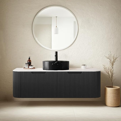 48" Floating Bathroom Vanity with Sink, Plywood Storage Cabinet with Stone Pattern Ceramic Basin and Marble Top, 2 Large Soft-Closing Storage Drawers, Pre-Assembled Cabinet, Gloss Black