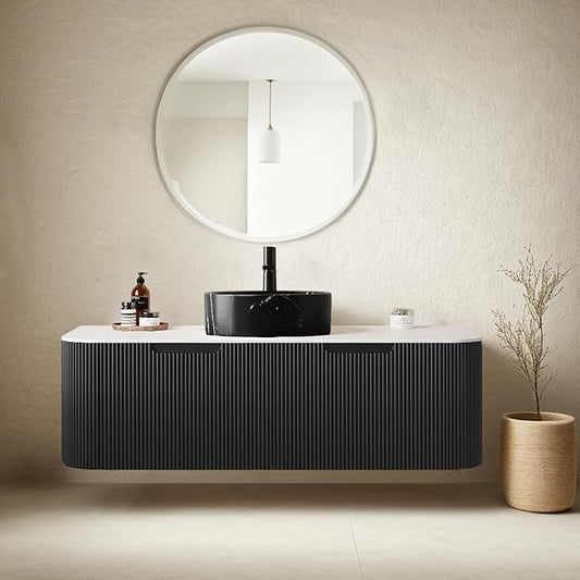 48" Floating Bathroom Vanity with Sink, Plywood Storage Cabinet with Stone Pattern Ceramic Basin and Marble Top, 2 Large Soft-Closing Storage Drawers, Pre-Assembled Cabinet, Gloss Black