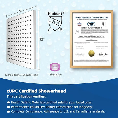 Hibbent cUPC Certified Metal High Pressure 12'' Rain Shower Head, Chrome | Thickness Showerhead, Square Large Bathroom Rainfall Shower Head, Adjustable Brass Ball Joint, Waterfall Full Body Coverage