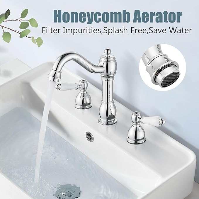 Aolemi 8 Inch Widespread Bathroom Sink Faucet 3 Hole Deck Mount Vanity Basin Mixer Tap with Pop Up Drain Assembly Polish Chrome Double Ceramic Handle