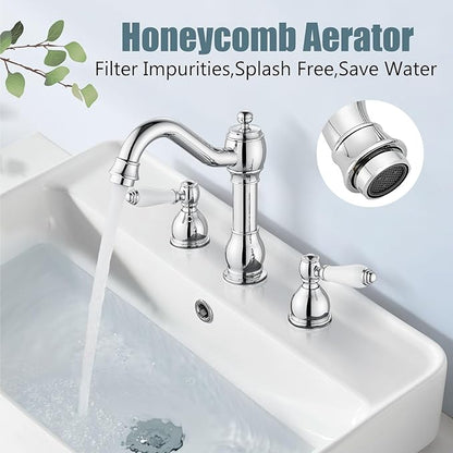 Aolemi 8 Inch Widespread Bathroom Sink Faucet 3 Hole Deck Mount Vanity Basin Mixer Tap with Pop Up Drain Assembly Polish Chrome Double Ceramic Handle