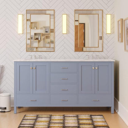 Horizon 72-inch Double Bathroom Vanity (Engineered Carrara/Powder Blue): Includes Powder Blue Cabinet with Engineered Carrara Countertop and White Ceramic Sinks