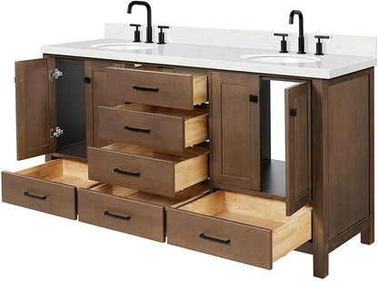 ARIEL Cambridge 66-inch Bathroom Vanity with Sink,Solid Wood, 1.5-inch Carrara White Quartz Countertop & Backsplash, Double Oval Porcelain Sink, 4 Soft Closing Doors, 6 Dovetail Drawers, Brown Oak