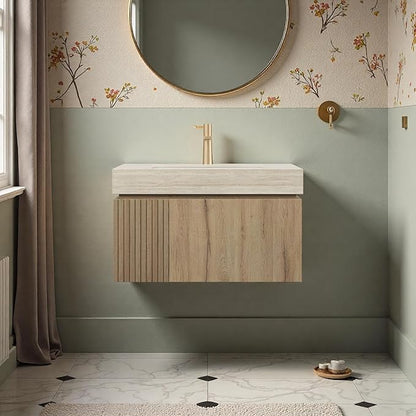 30" Bathroom Vanity with Sink, Wall-Mounted Plywood Bathroom Storage Cabinet with Ceramic Basin & Sintered Stone Countertop, Modern Pre-Assembled Floating Vanity with Drawer & Door, Oak
