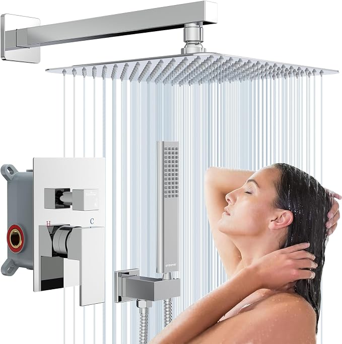 EMBATHER Shower System Chrome Shower Faucet Sets with 12" Rain Shower Head For Bathroom, Wall Mounted Square Shower Combo Set With Adjustable Handheld Bracket (Contain Rough-in Valve & Trim)