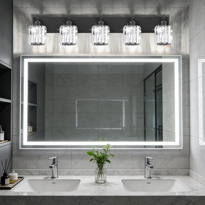 Black Crystal Bathroom Vanity Light, 5-Light Modern Bathroom Lighting Fixtures Over Mirror, Matte Black Wall Sconce Light Fixtures with Round Shade