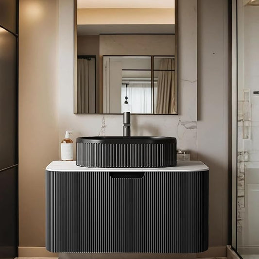 30 inch Floating Bathroom Vanity with Sink, Natural Solid Wood Modern Bathroom Vanities with Ultra-Thin Ceramic Basin and Marble Top, Soft-Close Drawer, Pre-Assembled, Black