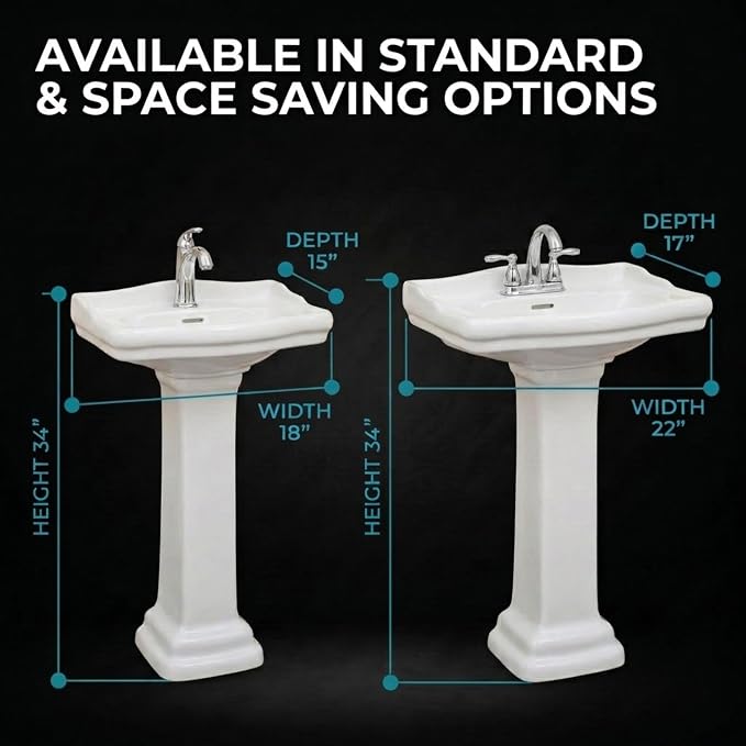 Roosevelt Bathroom Pedestal Sink – 18-Inch Small Pedestal Sink, Durable Vitreous China Ceramic with 4 Inch 3-Hole Bathroom Sink Faucet – Ideal for Modern Bathrooms