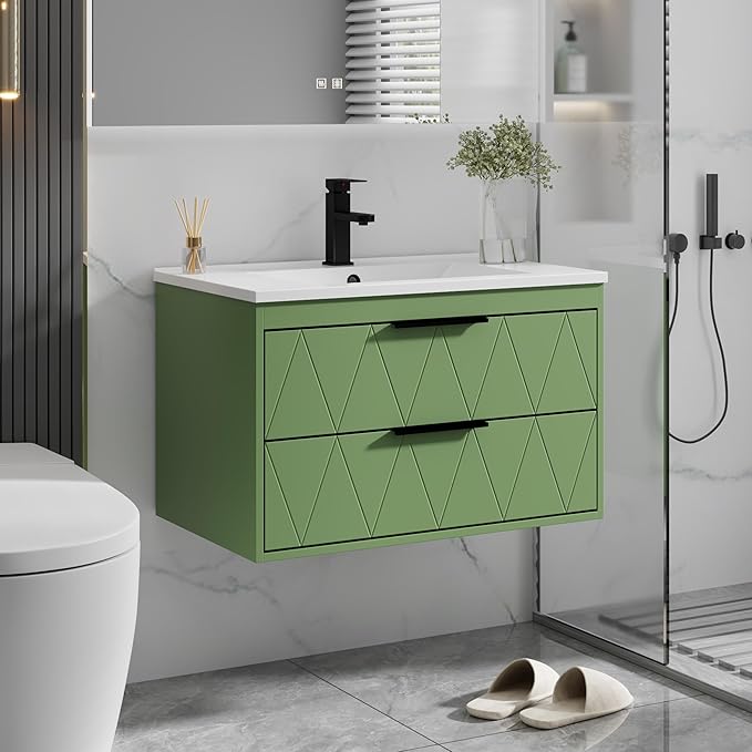 eclife 30" Bathroom Vanities Cabinet with Sink Combo, Wall Mounted Floating Cabinet W/Decor Line, Soft-Close System, 2 Extra Big Drawers, Matte Black Faucet, Matcha Green