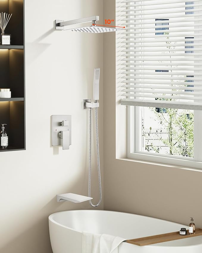gotonovo Tub Shower Faucet Set with Valve 10'' Rain Head,Brushed Nickel | Waterfall Tub Spout Shower System,Bathtub Faucet Set,SUS304 Rain Head with Handheld,Brass Valve Trim Kit,All Metal,Wall Mount