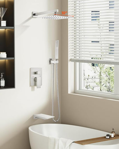 gotonovo Tub Shower Faucet Set with Valve 10'' Rain Head,Brushed Nickel | Waterfall Tub Spout Shower System,Bathtub Faucet Set,SUS304 Rain Head with Handheld,Brass Valve Trim Kit,All Metal,Wall Mount