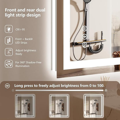 60x36 LED Bathroom Mirror with Lights - Dimmable, Anti-Fog, 3 Color Backlit & Front Lit Mirror for Bathroom, Shatter-Proof Tempered Glass, Easy Installation