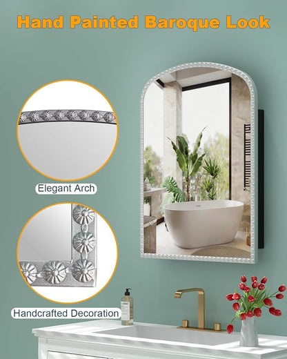 Daisy Beaded Arched Medicine Cabinet with Mirror, Wall Mounted or Recessed 20x28 Inch Bathroom Vanity Mirror with Storage Full-Metal Cabinets, 2 Adjustable Shelves and 1 Organizer Bling Silver