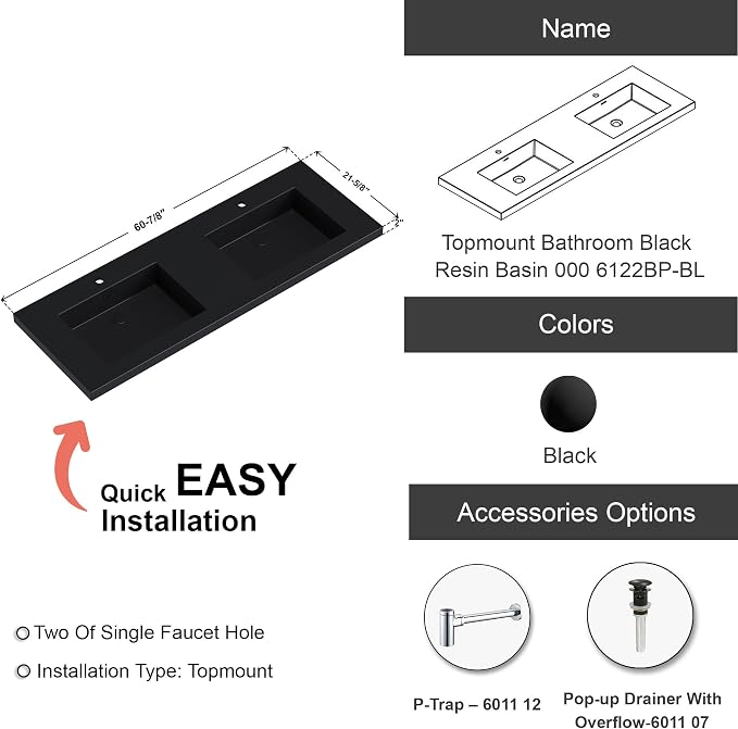 Dowell 61" Bathroom Sink,Double Bowl Vanity Basin,Rectangular Drop-In Bathroom Sink with Overflow,Black-000 6122BPBL