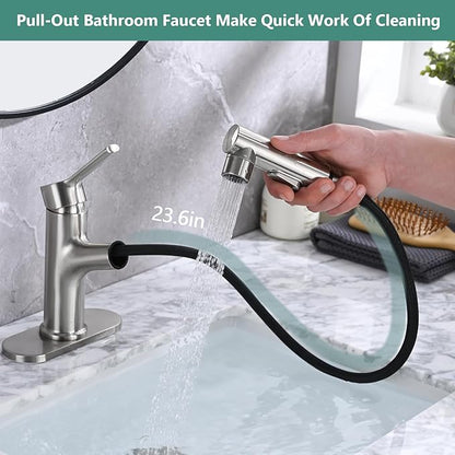 Bathroom Sink Faucet with Pull Out Sprayer, Single Handle Modern Bathroom Basin Faucet with Pop-up Sink Drain Stopper & Deck Plate 1 or 4-inch Centerset 3 Hole, Brushed Nickel