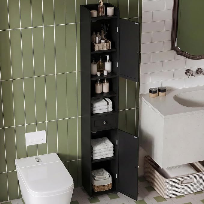 ChooChoo Tall Bathroom Storage Cabinet with Drawer, 11.8" x 11.8" x 70.8" | Narrow Storage Cabinet, Freestanding Cupboard for Small Spaces, Black