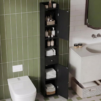 ChooChoo Tall Bathroom Storage Cabinet with Drawer, 11.8" x 11.8" x 70.8" | Narrow Storage Cabinet, Freestanding Cupboard for Small Spaces, Black