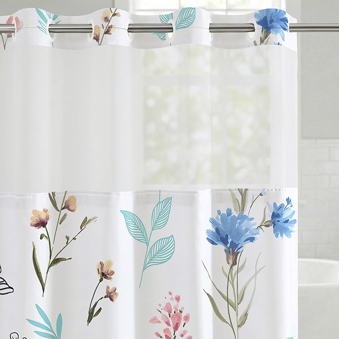 Americanflat 72x75 Hookless Shower Curtain - Water-Resistant Floral Shower Curtain with Sheer Panel, Snap-in Liner, and Grommets - 100% Polyester - Botanical Bathroom Curtains - Pink, Blue and White