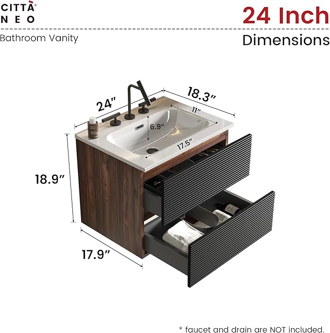24" Floating Bathroom Vanity with Sink, Modern Wall Mounted Floating Vanity with Ceramic Sink, Double Soft-Close Drawers for Small Space, Apartment, Walnut+Black