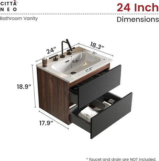 24" Floating Bathroom Vanity with Sink, Modern Wall Mounted Floating Vanity with Ceramic Sink, Double Soft-Close Drawers for Small Space, Apartment, Walnut+Black