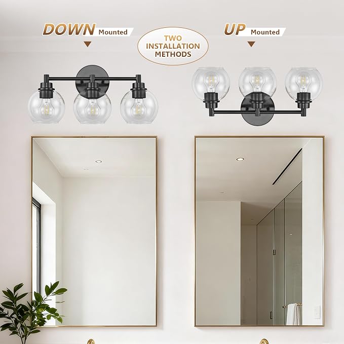 Bathroom Light Fixtures, Vanity Lights for Bathroom 3-Light Black, Bathroom Lighting Fixtures Over Mirror with Clear Glass Globe Shade, Bathroom Vanity Light for Living Room Kitchen Bedroom Hallway