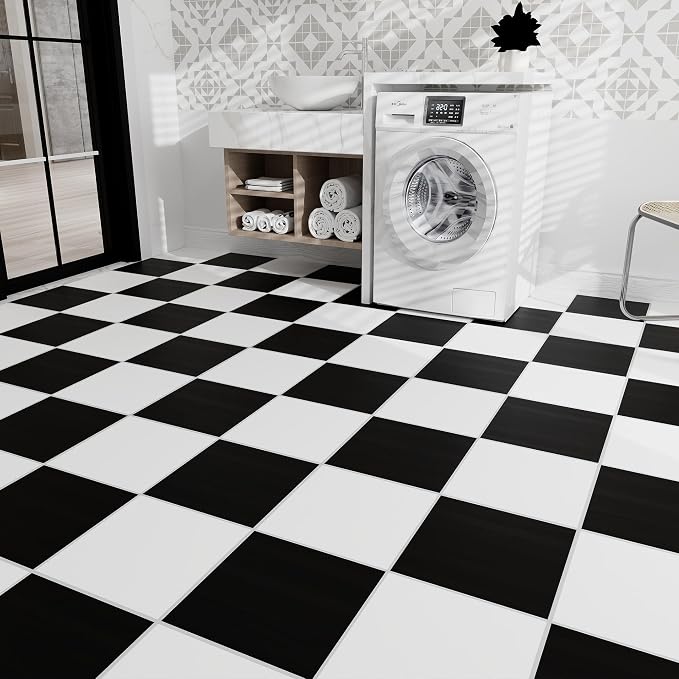 Lareko Black & White Vinyl Flooring Roll,11.8"X197",Peel & Stick Floor Tile | Covers 16 Sq.Ft,Checkered Marble Self-Adhesive Floor Sheet ,Waterproof,Removable,Wide Plank DIY For renters and Home Decor