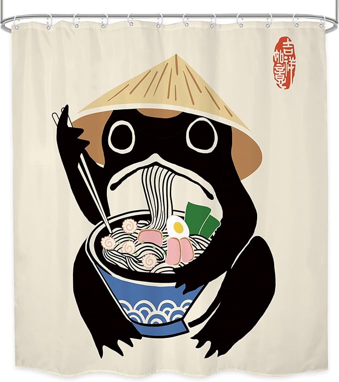 LGhtyro Long Funny Frog Shower Curtain Bathroom Set 71Wx78H Inches Asian Traditional Retro Vintage Cute Noodles Strawhat Men Bath Accessories Japanese Style Animal Art Home Decor Fabric 12 Pack Hooks