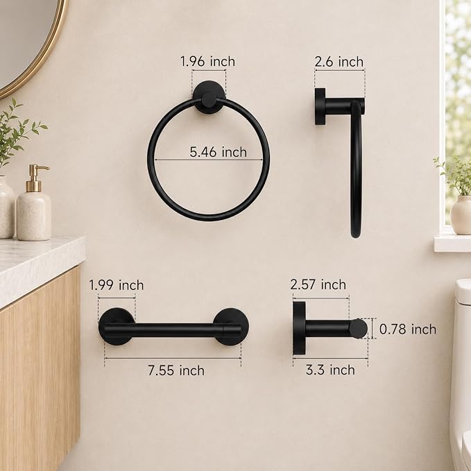 Toilet Paper Holder and Hand Towel Ring Bathroom Set | Matte Black,Stainless Steel,Wall Mount,Bathroom Accessories,Hand Towel Ring and Toilet Paper Holder Set,Easy to install
