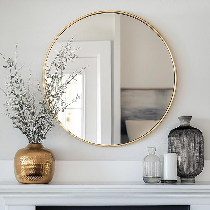 Round Mirror, 26 inch Glold Circle Mirror, Bruhsed Gold Metal Frame | High Definition,Waterproof,Rust-resistant,Round Mounted Mirrors for Bathroom,Living Room,Bedroom,Hallyway,Vanity,Wall Décor