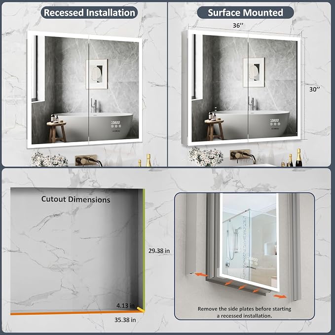ACEMIRO 36"×30" Lighted Medicine Cabinet with Mirror, Surface or Recessed Bathroom Mirror Medicine Cabinet with Clock & Temp Display, Defogger, Dimming, Built-in Outlet & USB Ports, Double Door