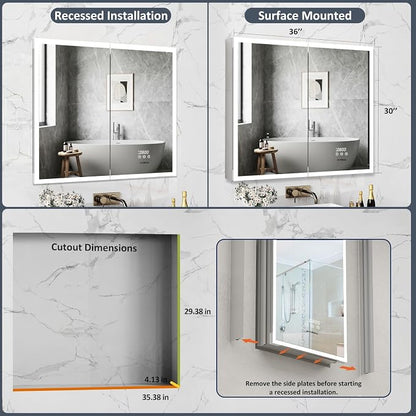 ACEMIRO 36"×30" Lighted Medicine Cabinet with Mirror, Surface or Recessed Bathroom Mirror Medicine Cabinet with Clock & Temp Display, Defogger, Dimming, Built-in Outlet & USB Ports, Double Door