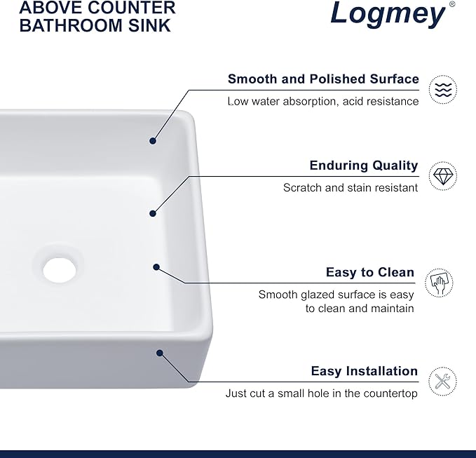Logmey 15 Inch Bathroom Vessel Sink 15x15 Square Small White Vessel Sink for Bathroom Sink Above Counter Porcelain Ceramic Vanity Art Countertop Sink